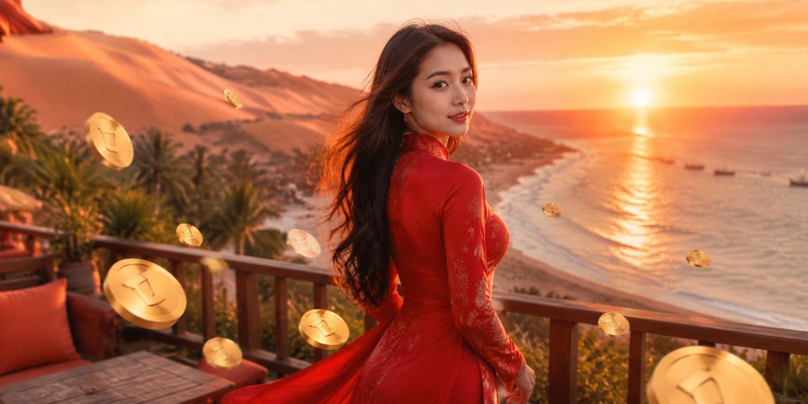 Cảnh hoàng hôn Mũi Né với chủ đề hoàn tiền và trang phục áo dài truyền thống